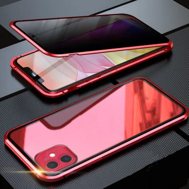 Black double-sided tempered glass magnetic clamshell case for iPhone shown open and closed.