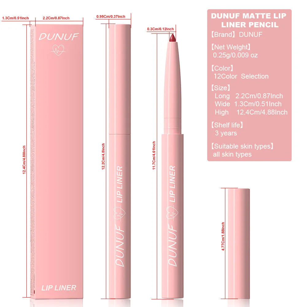 A velvet matte lip liner pencil shown with a swatch of its colour, one of twelve available shades.