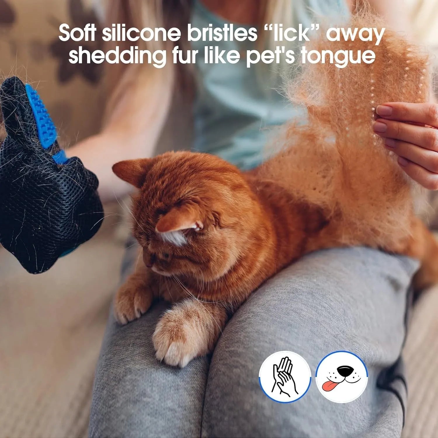 Blue pet grooming gloves with silicone grooming tips for dogs and cats