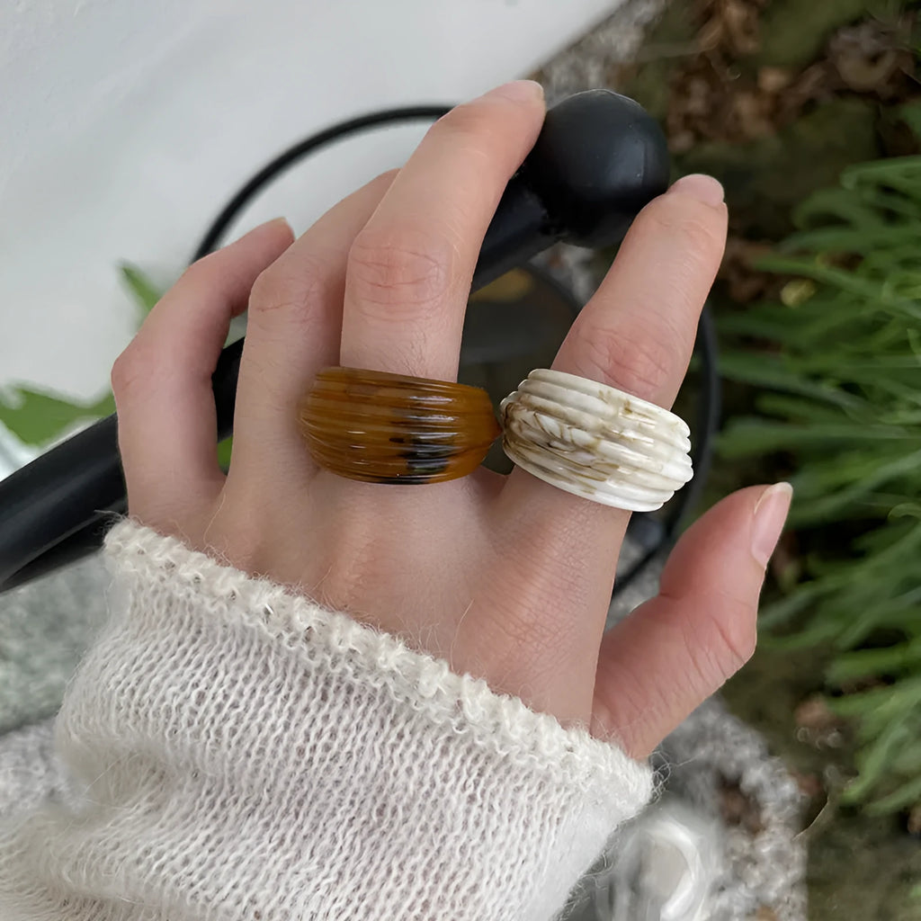 Chinese style irregular geometry resin wide ring in brown or white colour options