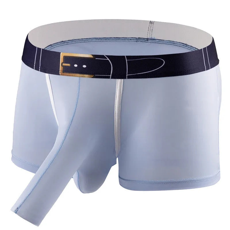 Pair of solid colour men's boxer shorts in Ice Silk fabric showing mid waist design.