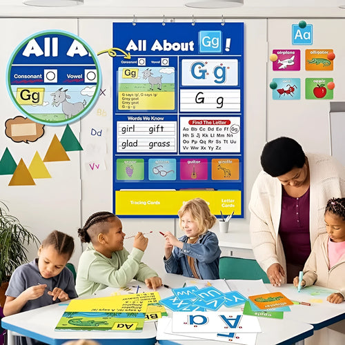 Large fabric alphabet learning chart with sets of educational word cards, letter cards, and picture cards arranged around it.