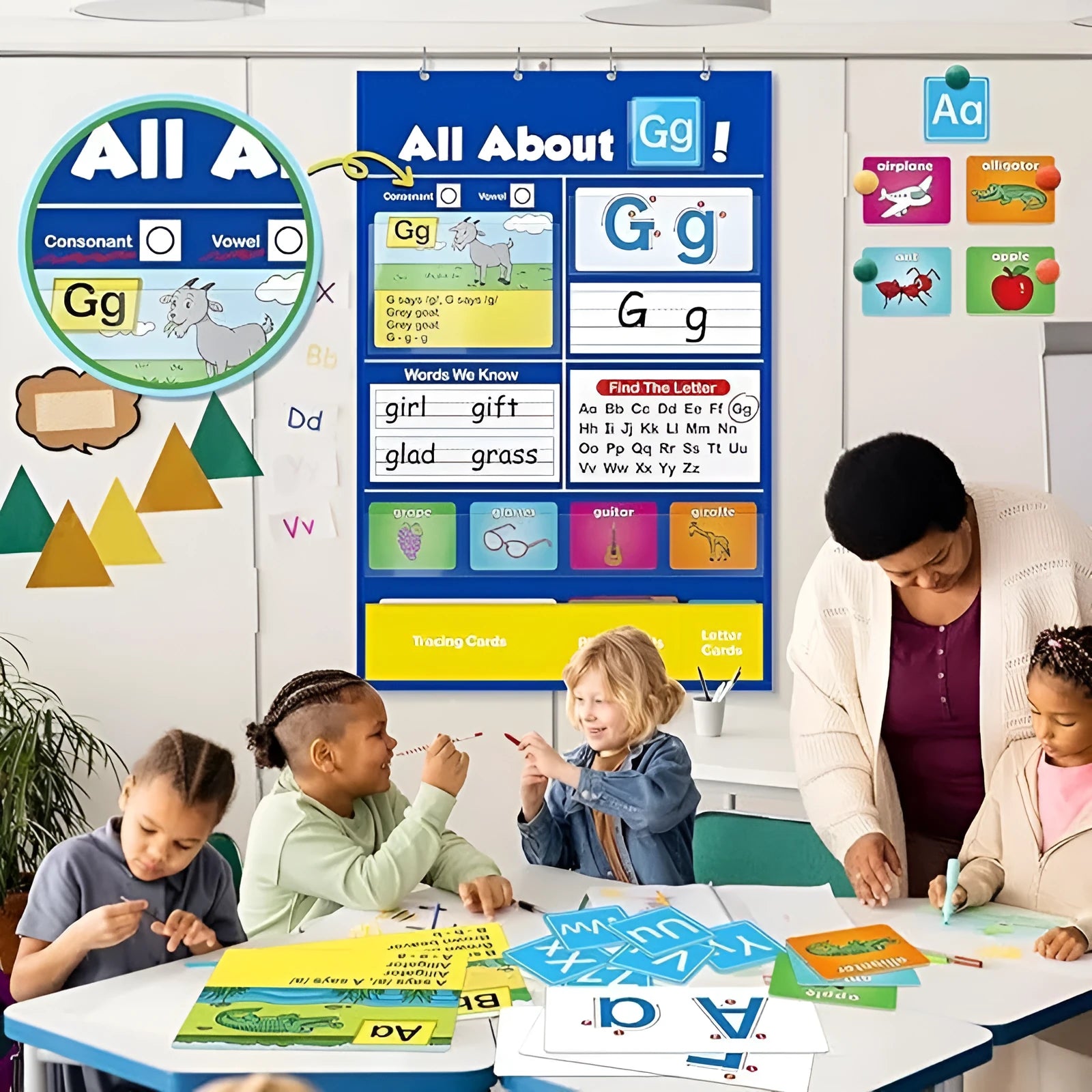Alphabet learning chart with word cards, letter cards, and picture cards for early childhood education