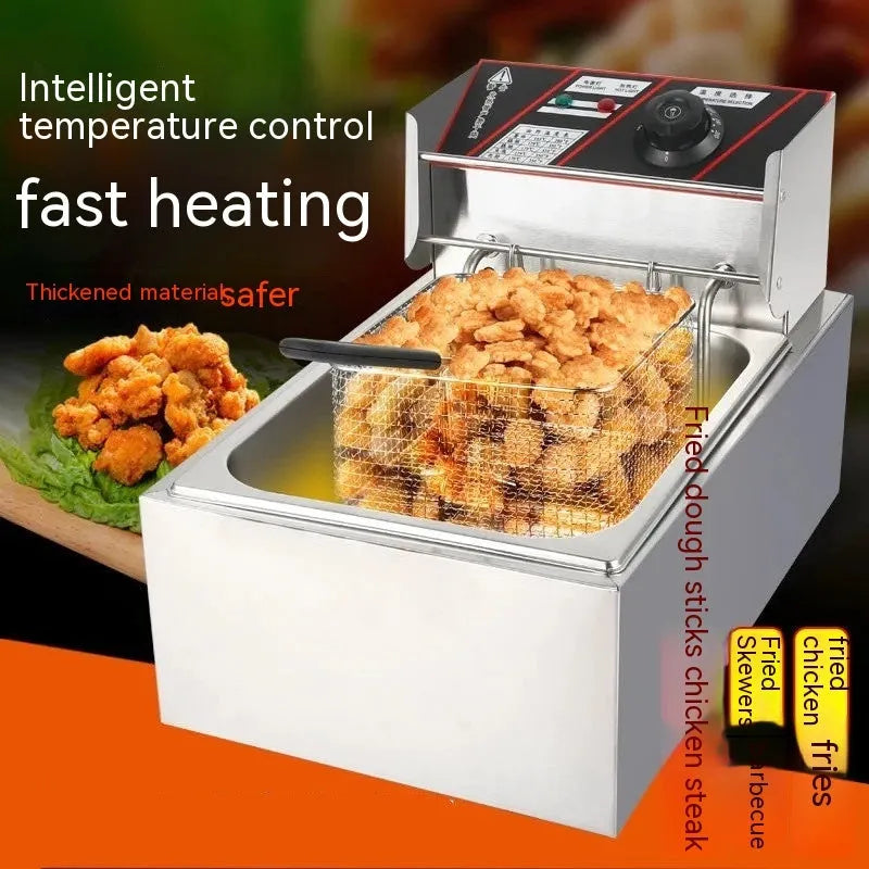 Commercial stainless steel deep frying pan with temperature control, oil tank, and two frying baskets