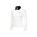 Women's white long sleeve slim fit golf top made of breathable polyester fabric.