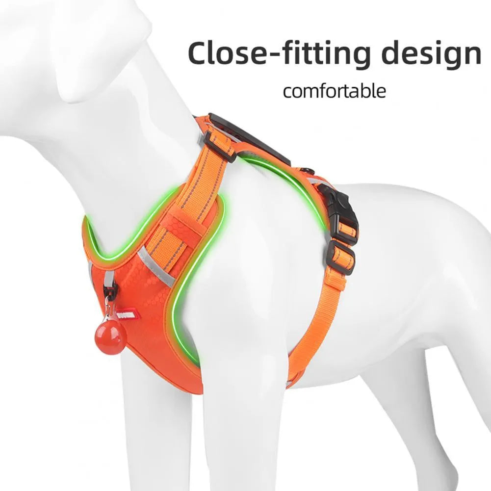 Orange adjustable nylon dog harness vest with reflective strips and breathable mesh panelling.