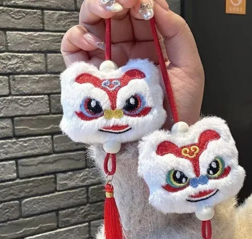 Chinese style blue plush lion keychain ornament with star stone decoration and yellow tassel