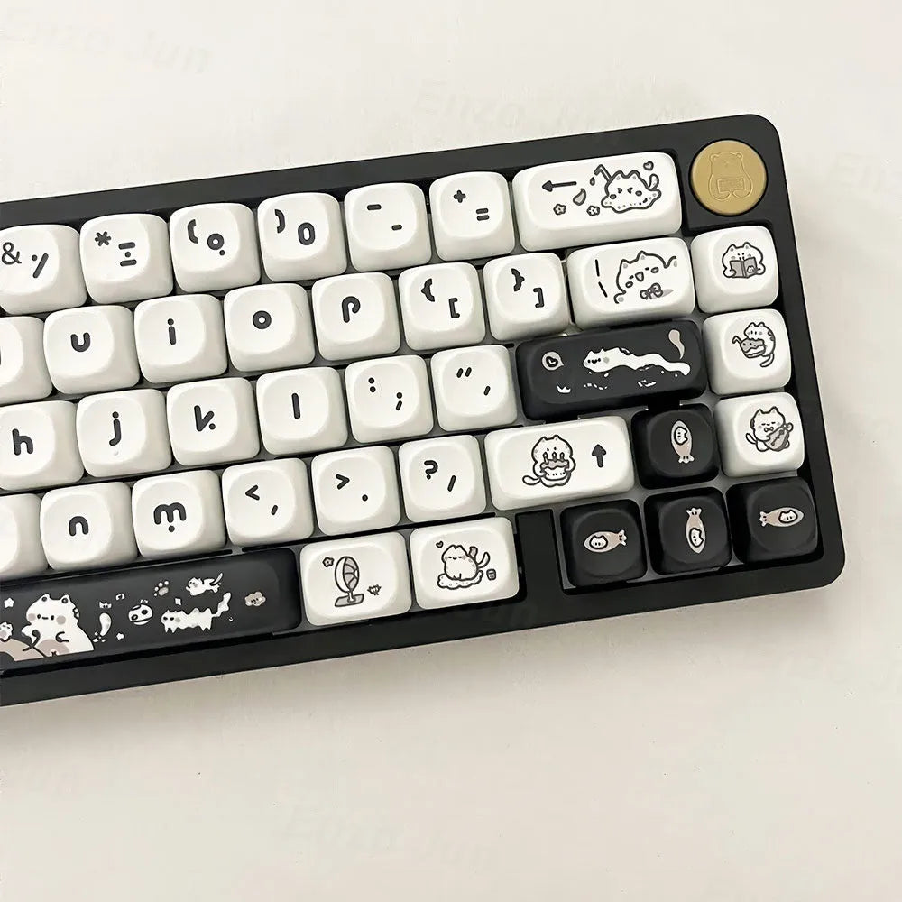 MOA height flat profile key cap set in ABS with black and white cat design for mechanical keyboards