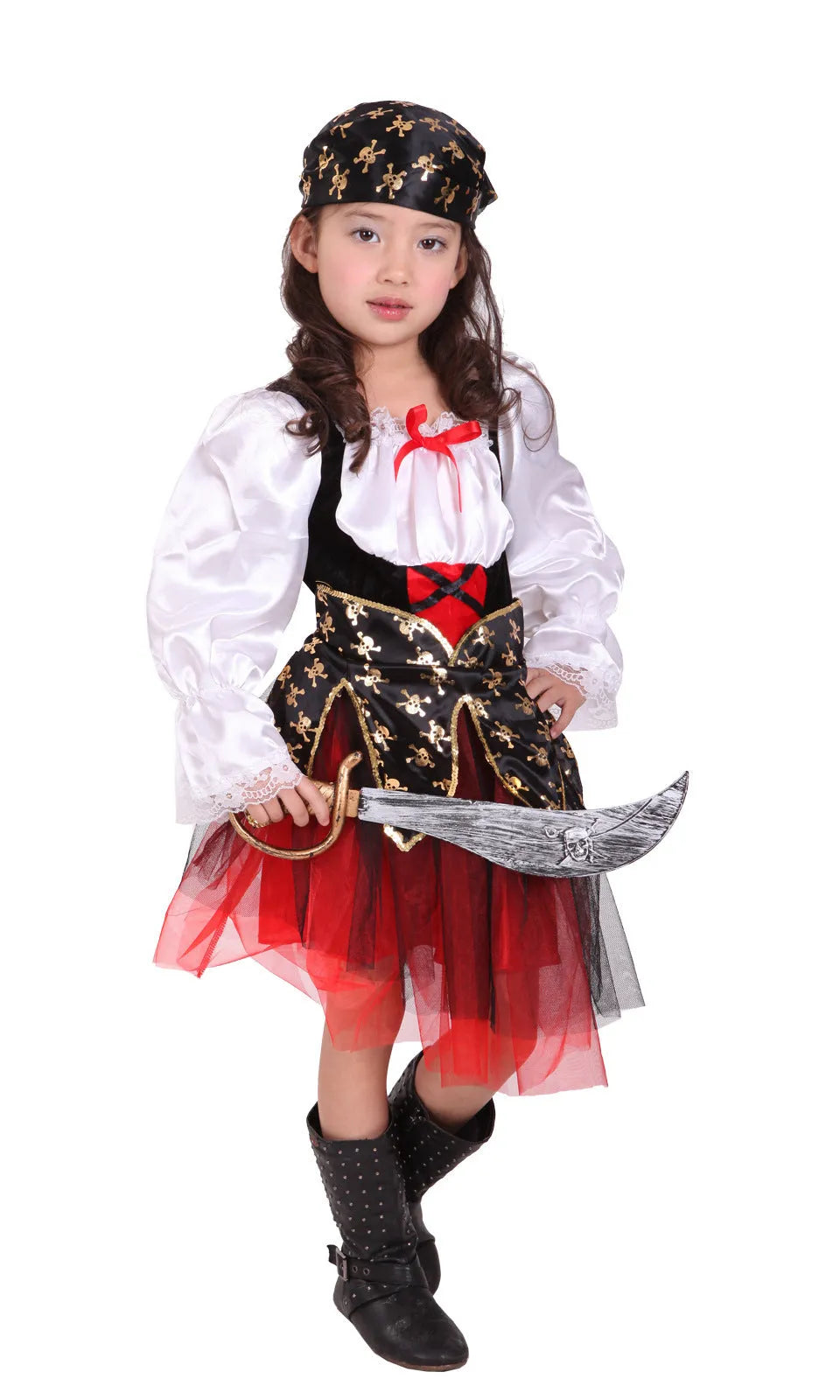 Children's pirate costume for girls with plaid pattern and spandex fabric in three sizes
