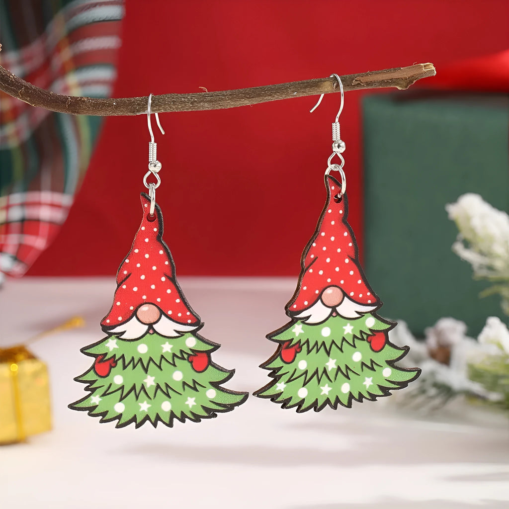 Wooden Christmas earrings with printed tree and snowman geometric designs