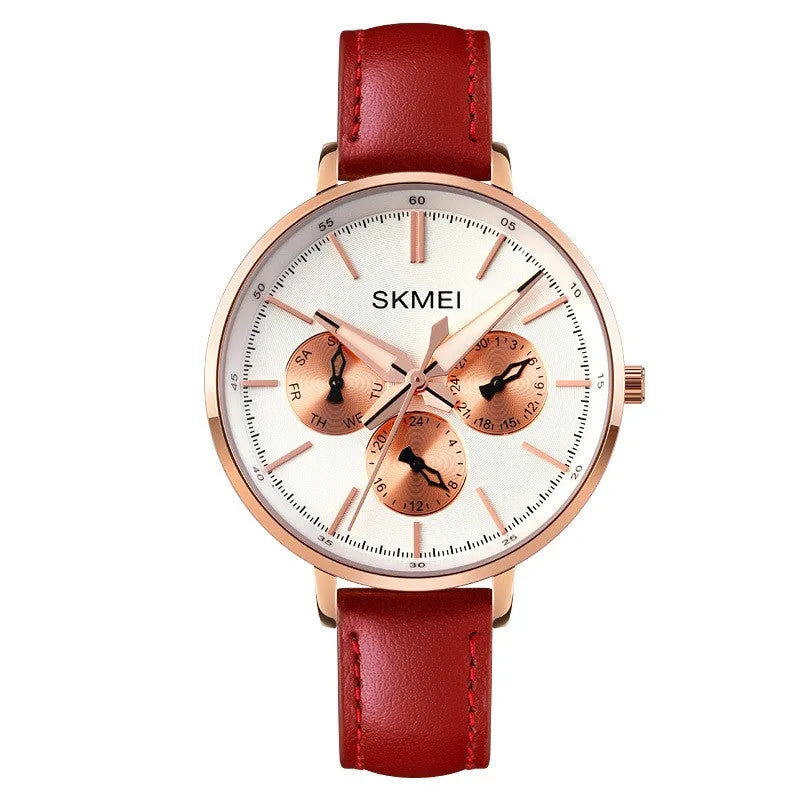 Women's genuine leather retro round quartz watch with six-pin design and 38mm dial on a rose gold case