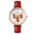 Women's genuine leather retro round quartz watch with six-pin design and 38mm dial on a rose gold case
