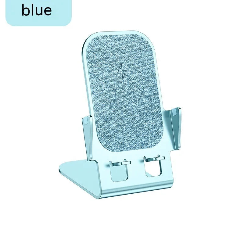 Cyan wireless charging metal desktop stand with aviation aluminium alloy body holding a smartphone upright