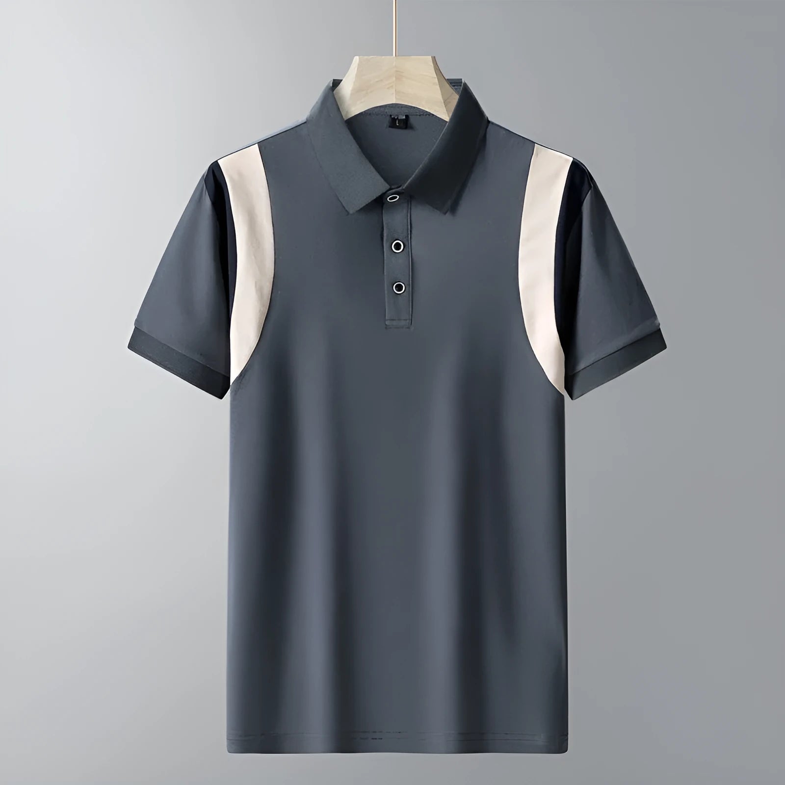 Man modelling a thin cotton short-sleeved T-shirt with a business lapel collar in a loose fit.