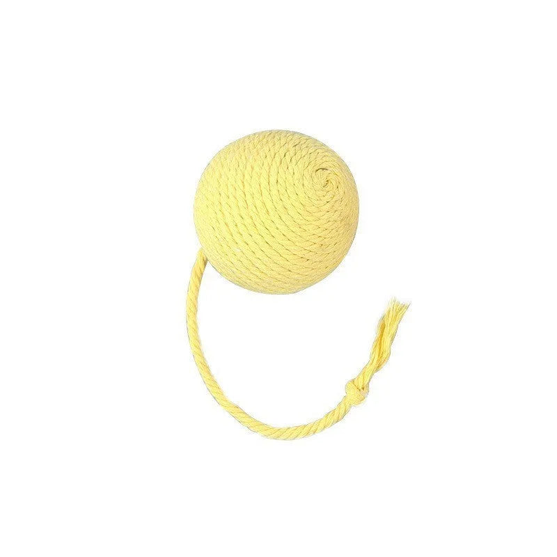 Colourful cat toy ball with an attached rope and built-in bell for kittens, shown in green, pink, purple, and yellow.
