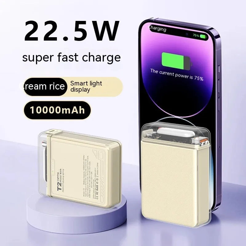 PD fast charging power bank in cream rice, night, or lemon yellow with LED light, 90 x 62.5 x 24.5mm ABS PC shell