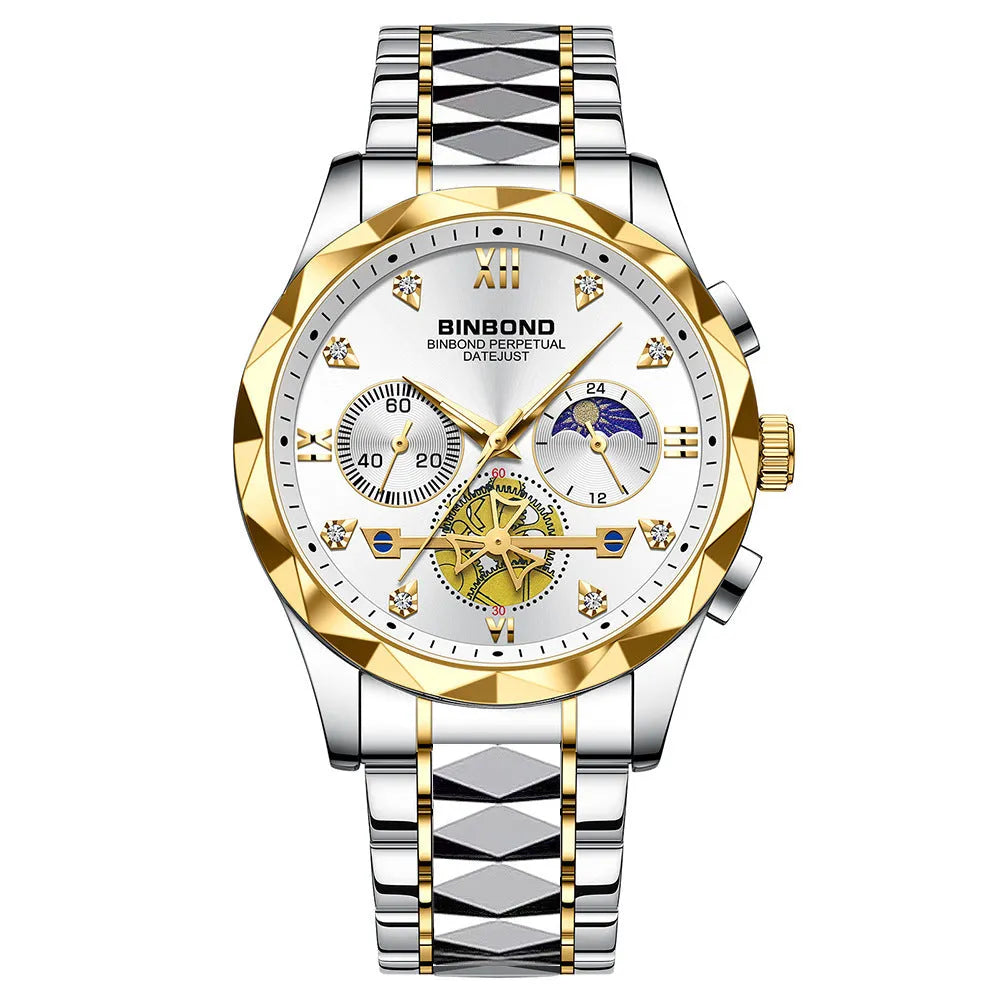 Men's casual quartz watch with round stainless steel case and strap, white dial, black bezel, 11mm thick