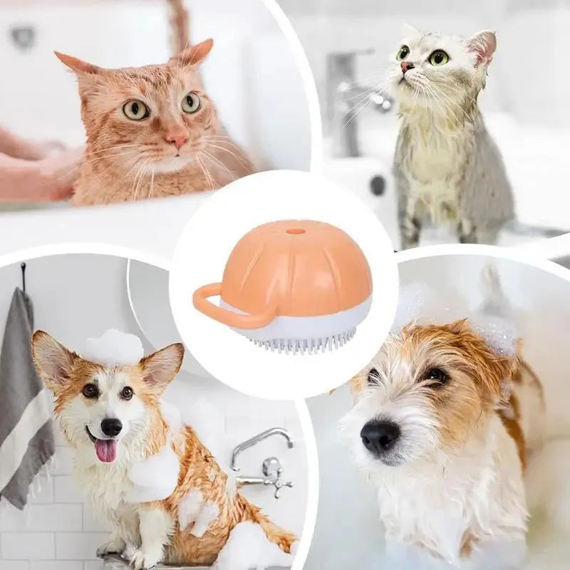 Orange TPR dog bath brush with shampoo dispenser and curved pumpkin grip design