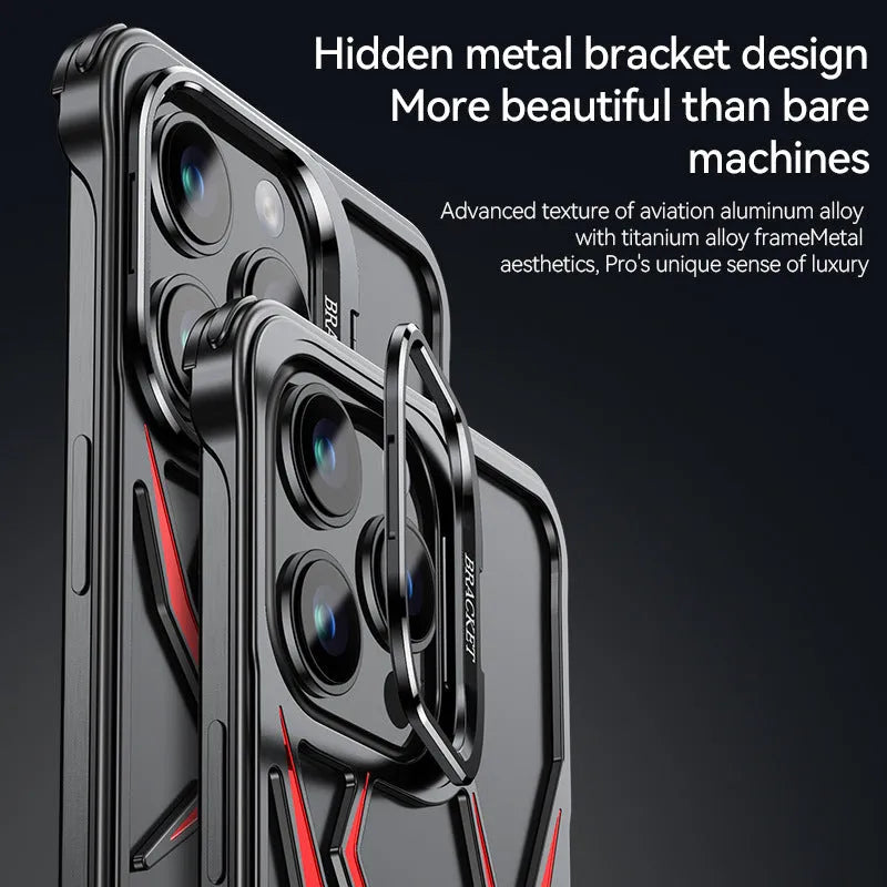 Frameless airbag drop-resistant metal phone case for iPhone 15 Pro Max – black hollow half pack design
