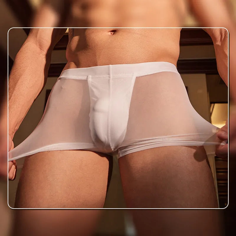 Man's black ultra-thin nylon boxer briefs laid flat on a white background.