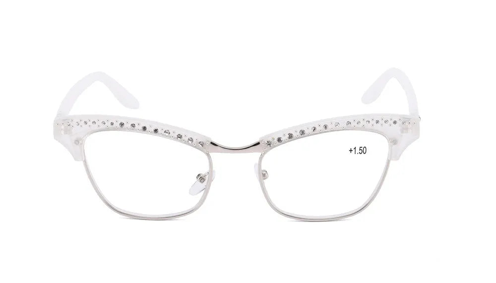 Ladies metal full-frame cat eye reading glasses in black, white, or leopard print, degrees 100 to 350