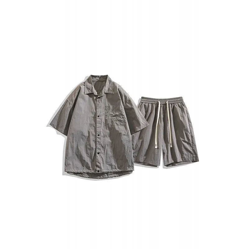 Men's loose casual hemp blend two-piece set with shirt and shorts in four colour options