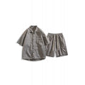 Men's loose casual hemp blend two-piece set with shirt and shorts in four colour options