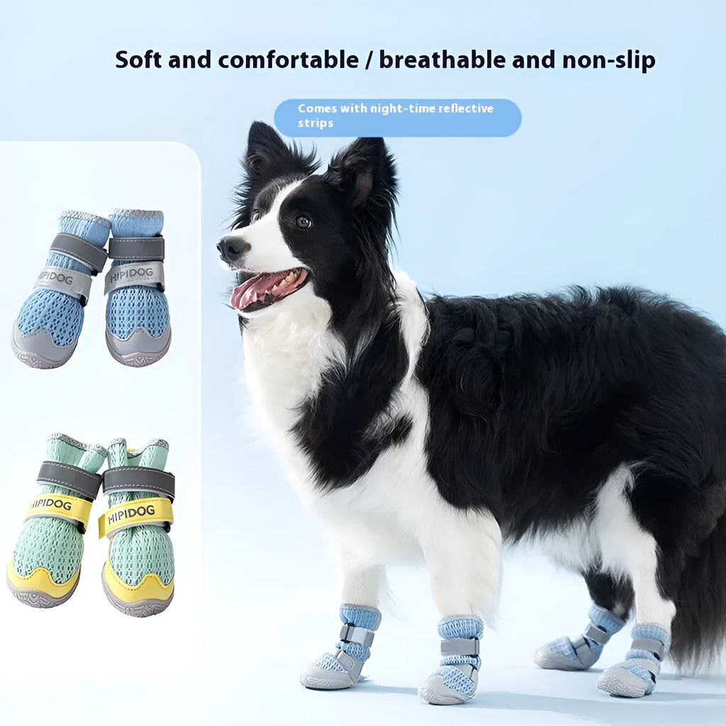 Pair of blue cartoon-style dog shoes with a wear-resistant sole for summer pavement protection.