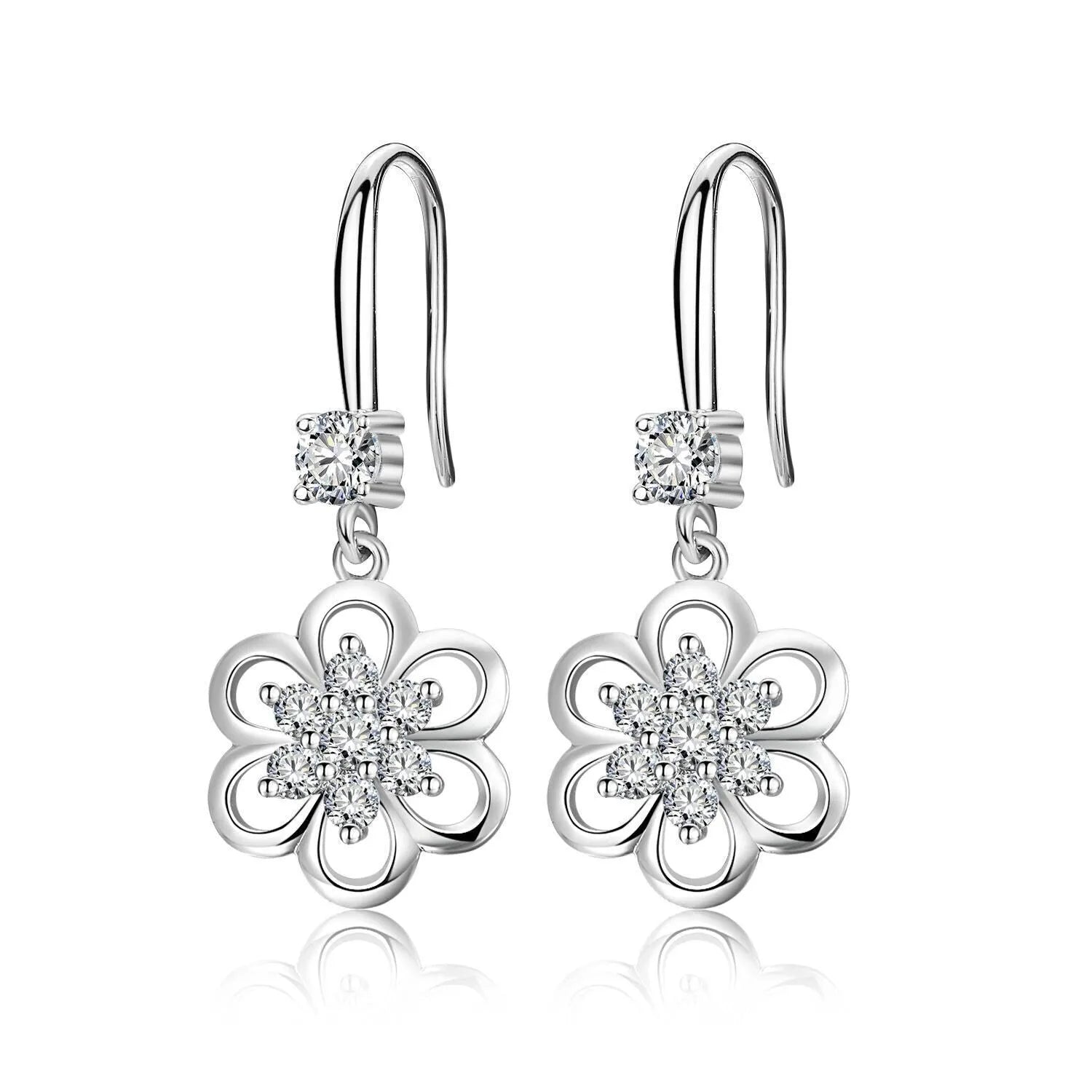 Floral white copper earrings with faceted stone accent, available as ear stud or ear hook in purple or white colour options