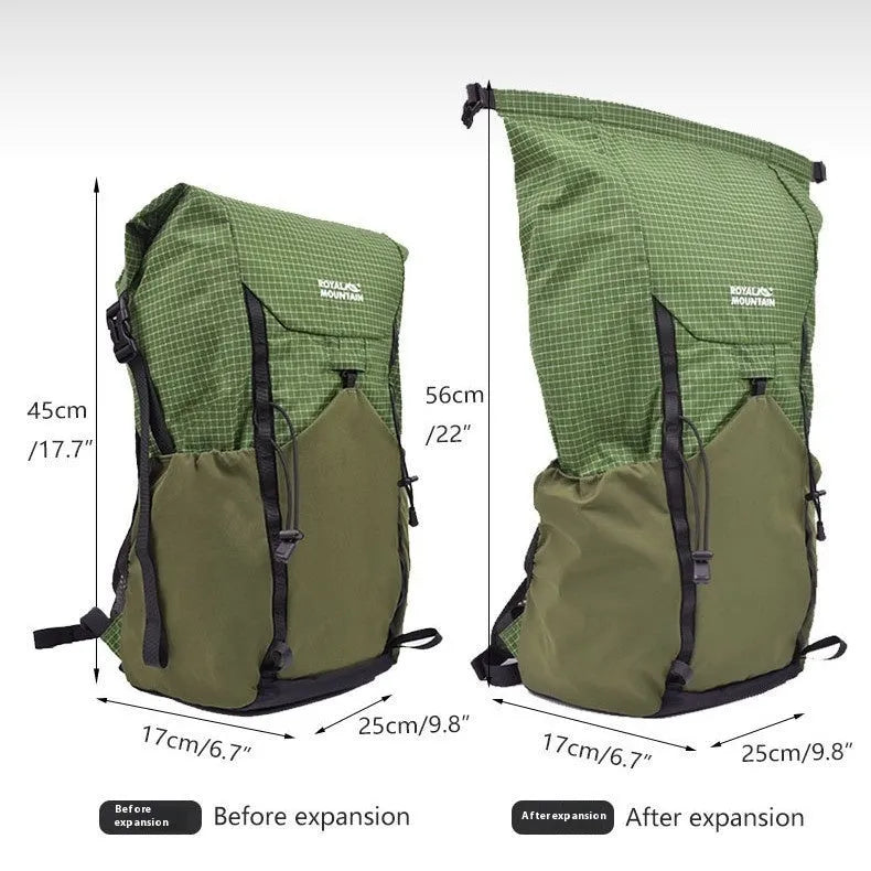 Outdoor 25L foldable backpack in green with curved edge design and reflective strip on front