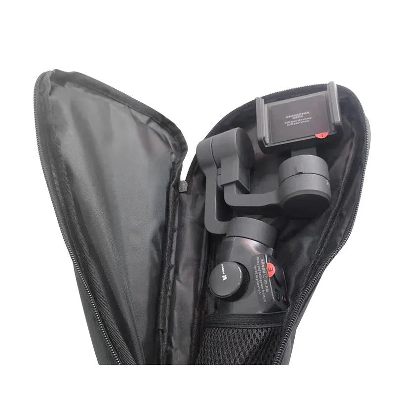 Black cloth storage bag for mobile phone stabilizer, open to show padded foam interior and dual zippers.