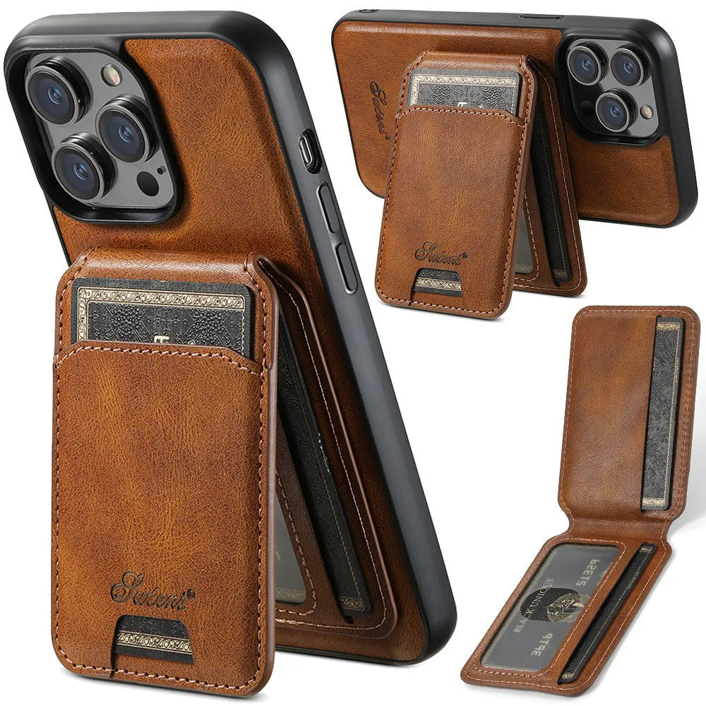 Magnetic MagSafe silicone iPhone case with built-in card holder in black oil wax finish