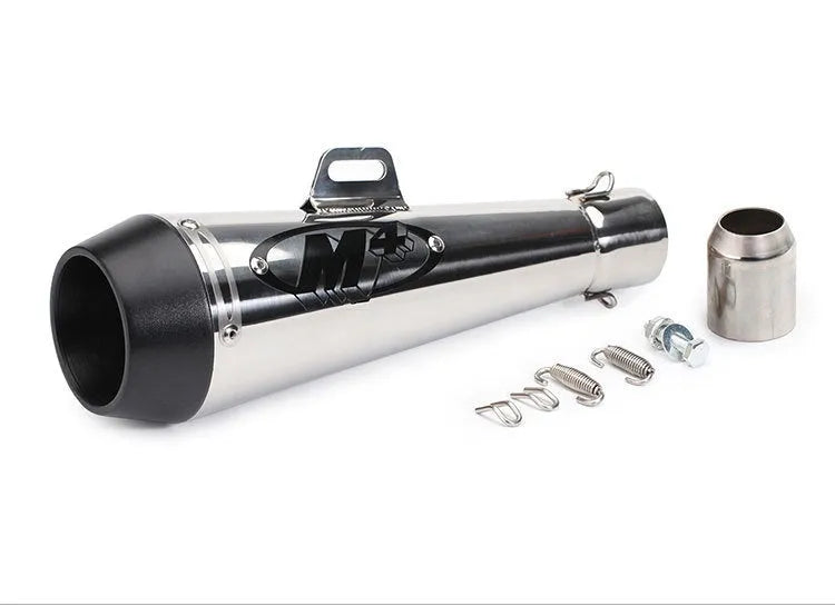 Universal M4 motorcycle exhaust pipe in stainless steel, shown in black finish with welded mounting brackets.