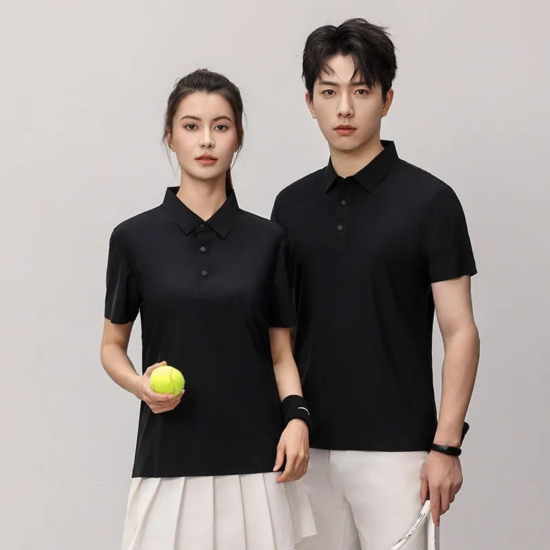 Men's loose fit short sleeve polo shirt in sky blue, shown on a model for summer sport.