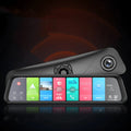Black car dash cam with touch screen display, mounted on a windscreen.
