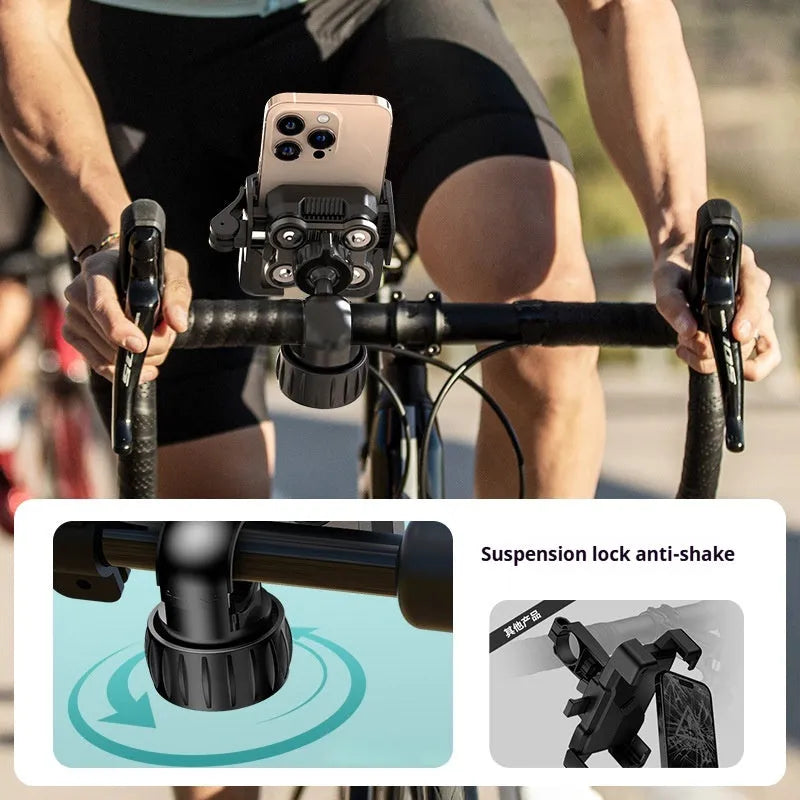 Black aluminium alloy shock absorber motorcycle phone mount for handlebars in a selection of styles.