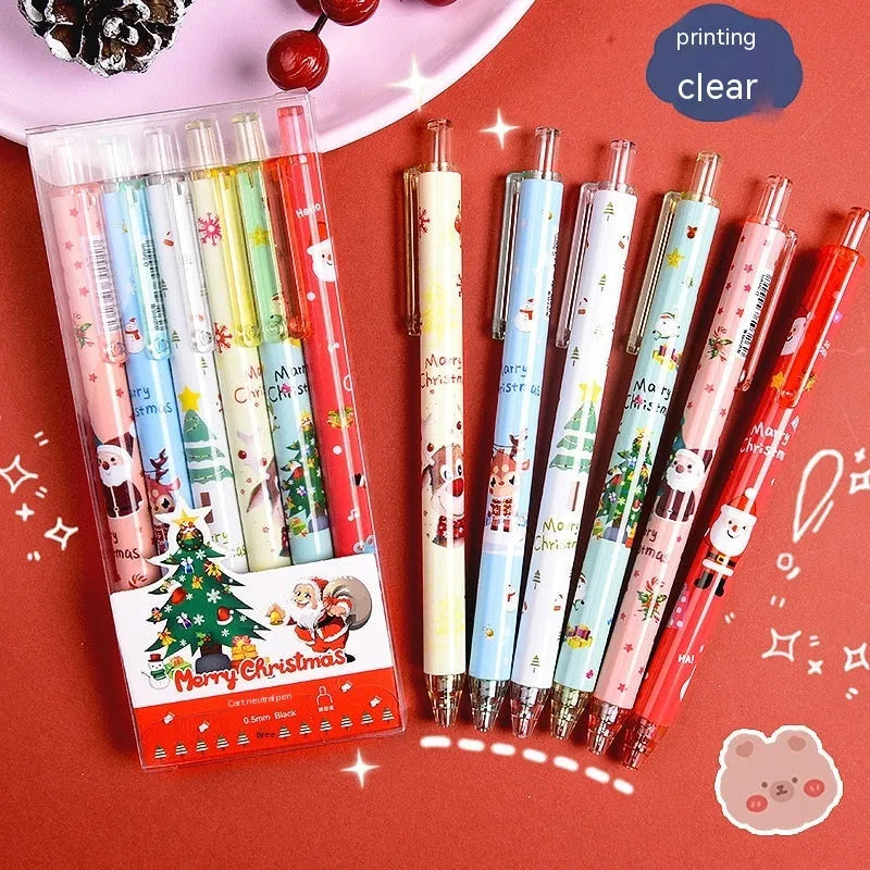 Christmas reward gift press gel ballpoint pen set with six black ink refills in plastic shells