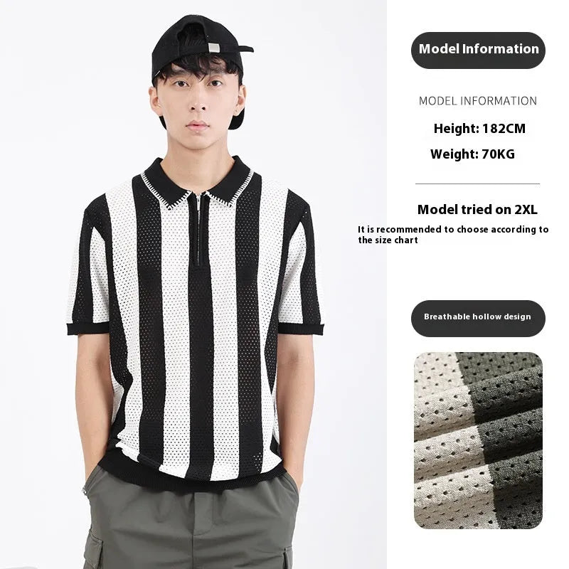 Men's striped short sleeve summer sweater with zipper decorations in viscose fabric