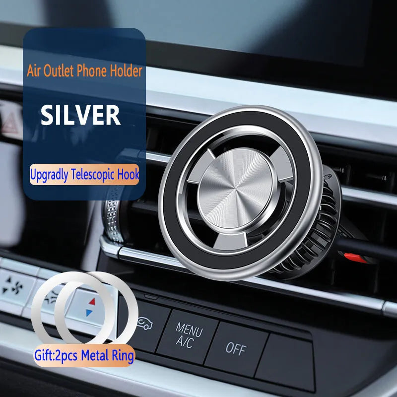 Silver car air vent magnetic phone holder showing bracket and magnetic plate components