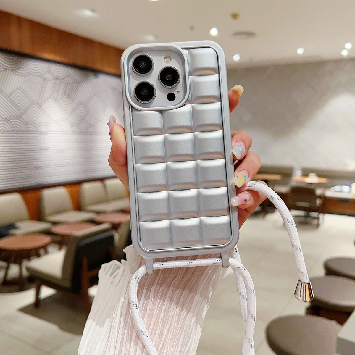 Matte plaid cross-body lanyard phone case in pink for iPhone 11 to 15 Pro Max, TPU fall protection
