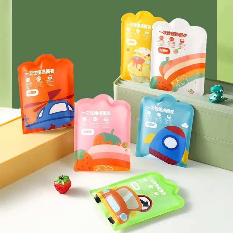 Children's disposable card raincoat folded to 13x9cm with colour options including blue, yellow, orange, pink, green, white and mixed