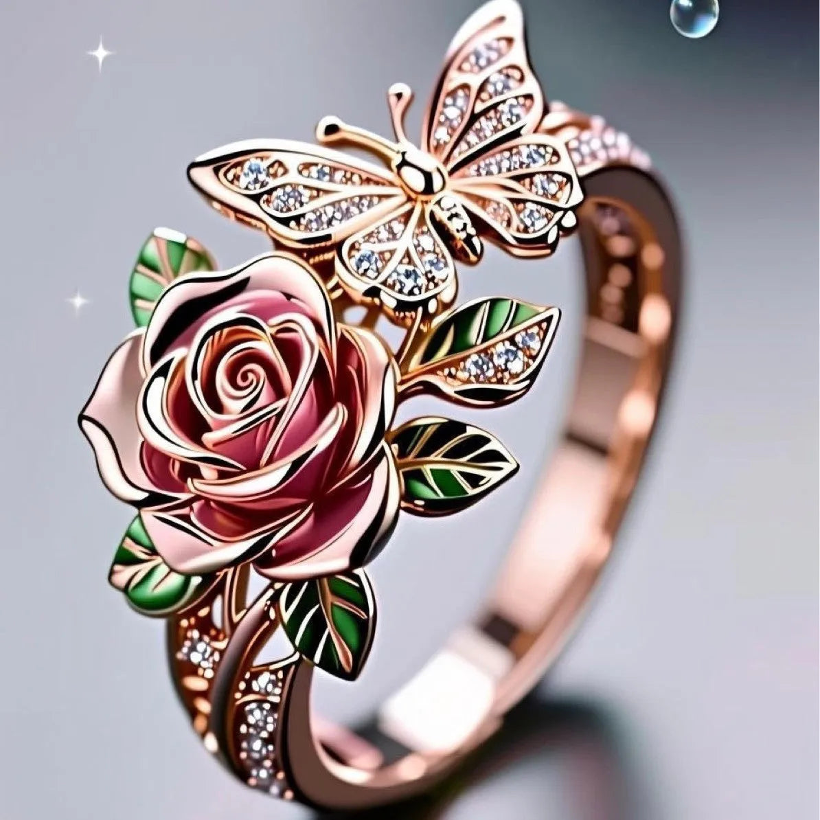 Adjustable fairy style personality ring with colourful oil butterfly and floral insect leaf design in alloy