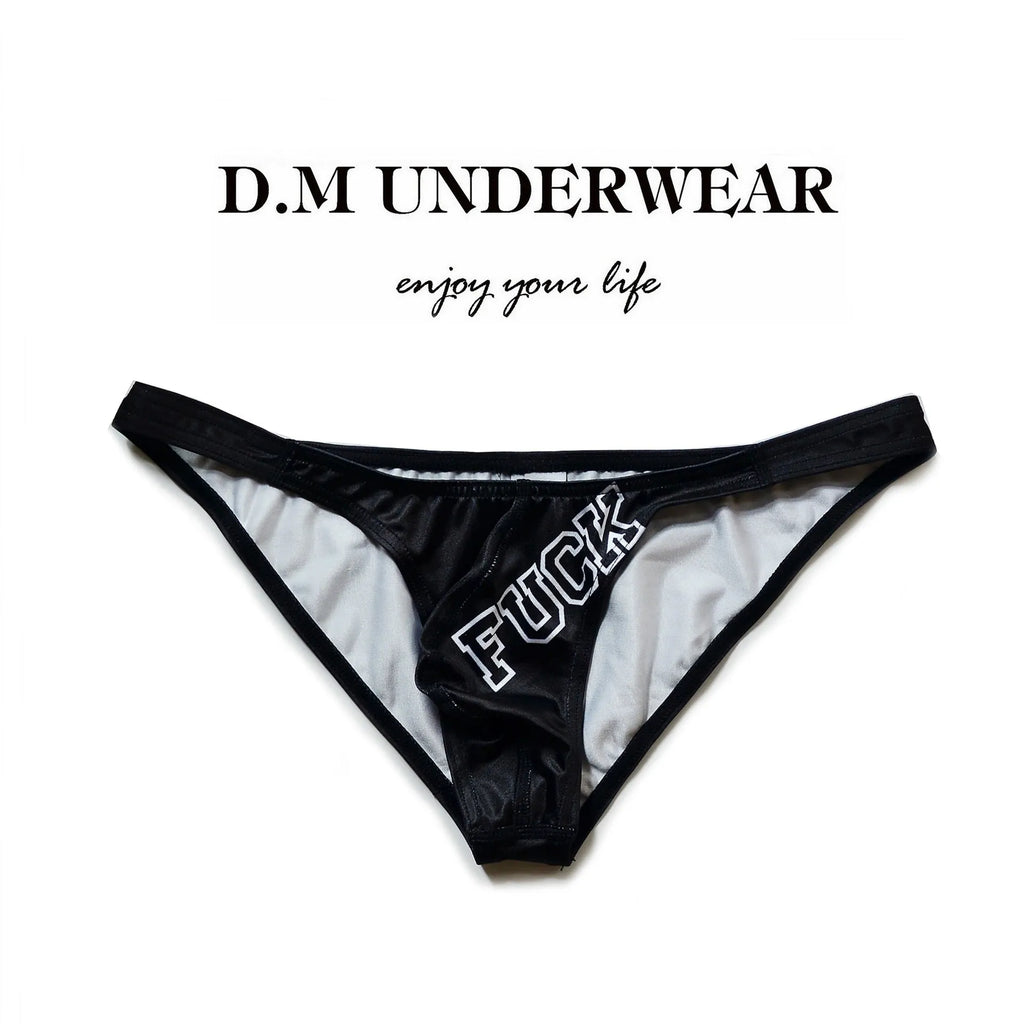 Low waist black triangle shorts with white letters print, shown flat.