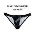 Low waist black triangle shorts with white letters print, shown flat.