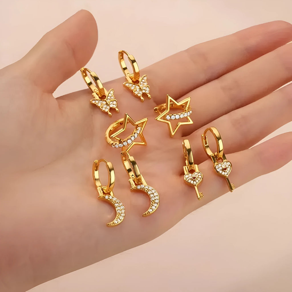 Women's geometric butterfly earrings with heart and star motifs in various colours