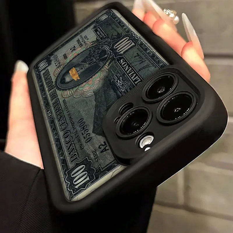 Black silicone phone case with dollar bill illustration for Apple iPhone, airbag anti-fall protection