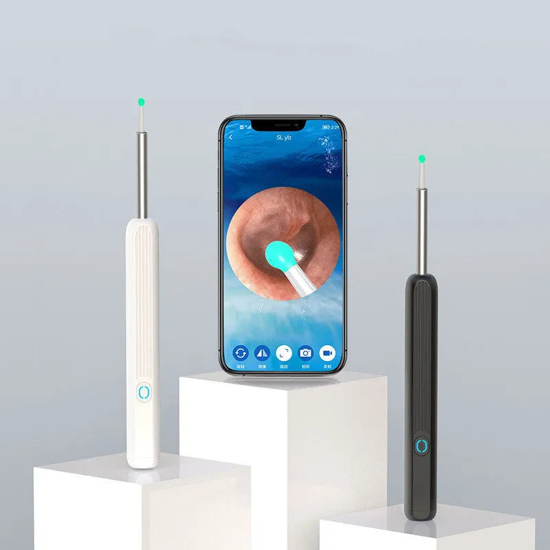 NE3 wireless ear cleaner otoscope with camera, spoon heads, and charging cable on white background