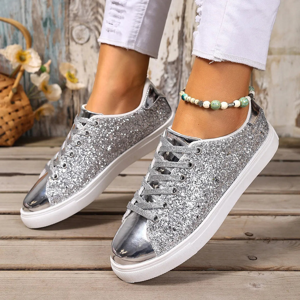 Women's plus size sequined lace-up board shoes in black, available in sizes 36 to 43