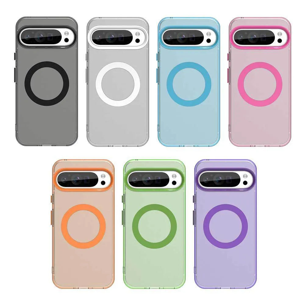 Frosted protective phone case for Google Pixel 9 series with magnetic charging feature and coloured edges.