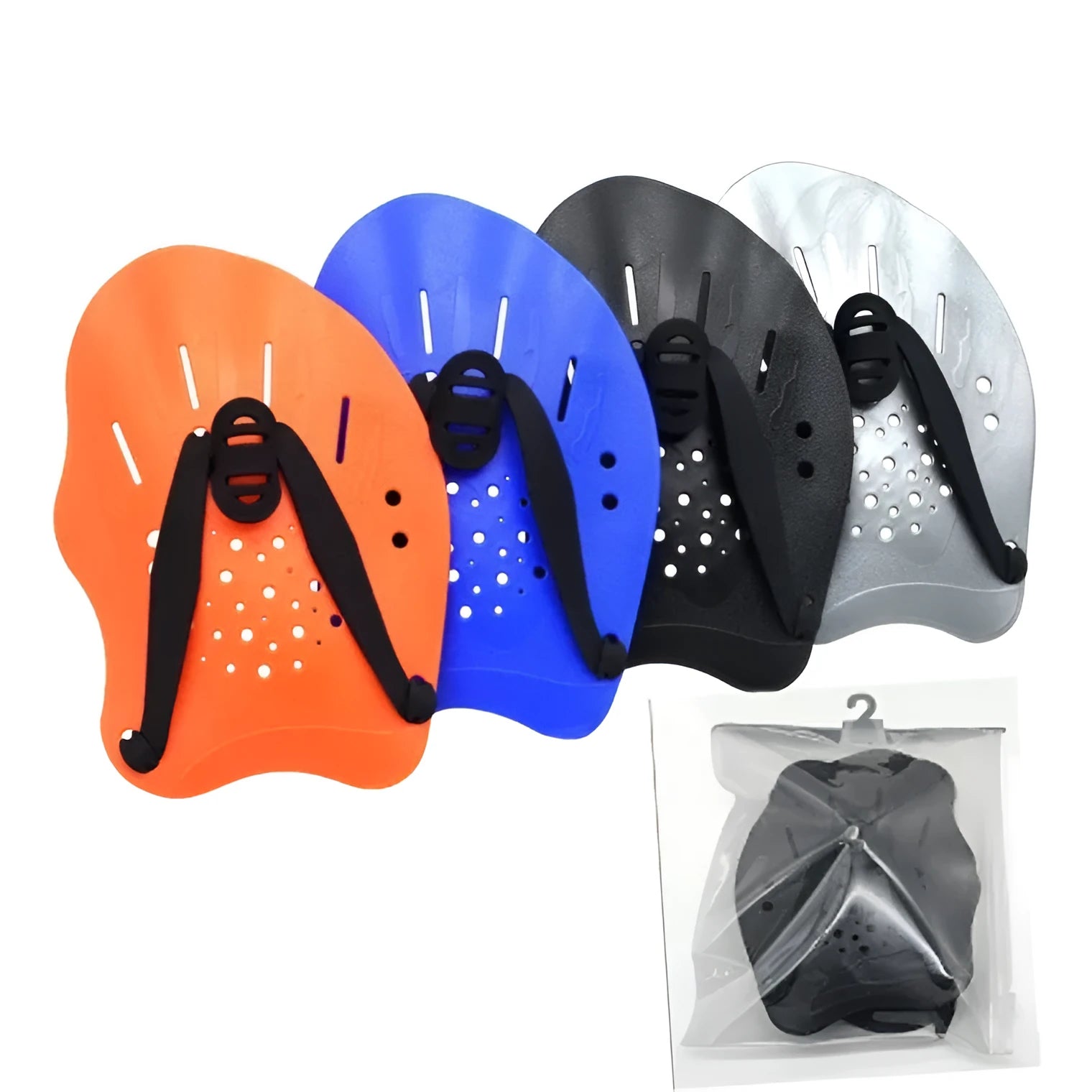 Pair of black plastic webbed swimming training paddles for freestyle stroke technique and strength development